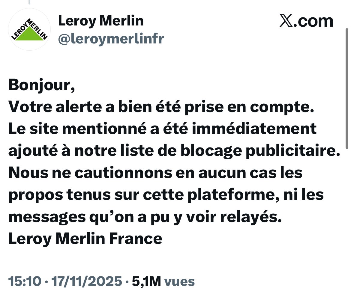 Lycrem3's tweet image. ➡️Soutien indéfectible à @leroymerlinfr, victime d’une campagne de dénigrement de la part de la fange d’extrême droite suite à sa décision de ne plus apparaître comme « publicité » sur le site d’extrême droite « Frontières ». 
Merci pour cette mise au point. 👏
