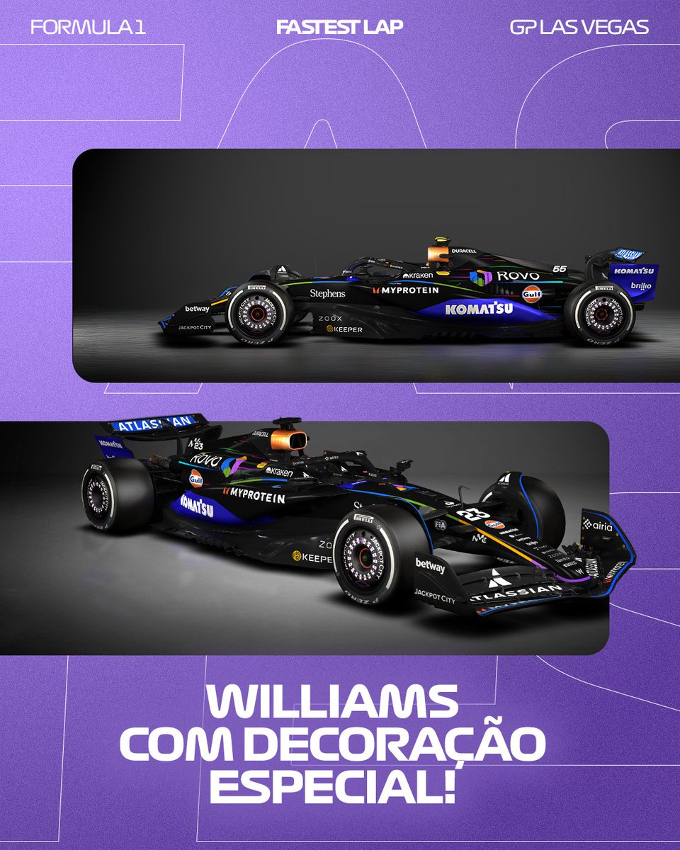 fastestlapp's tweet image. A Williams revelou que correrá o Grande Prémio de Las Vegas, deste fim de semana, com uma decoração especial no seu monolugar. O esquema de cores tem o objetivo de promover a Rovo, uma ferramenta de IA da Atlassian. #FastestLap #Formula1 #F1 #F1Portugal #F1Brasil