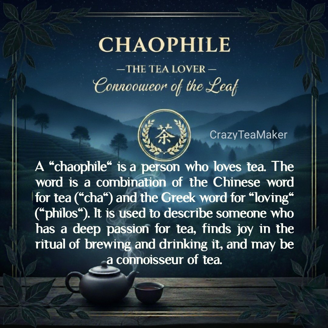 CrazyTeaMaker's tweet image. A &quot;chaophile&quot; is a person who loves tea. The word is a combination of the Chinese word for tea (&quot;cha&quot;) and the Greek word for &quot;loving&quot; (&quot;philos&quot;). It is used to describe someone who has a deep passion for tea, finds joy in the ritual of brewing and drinking it. .................