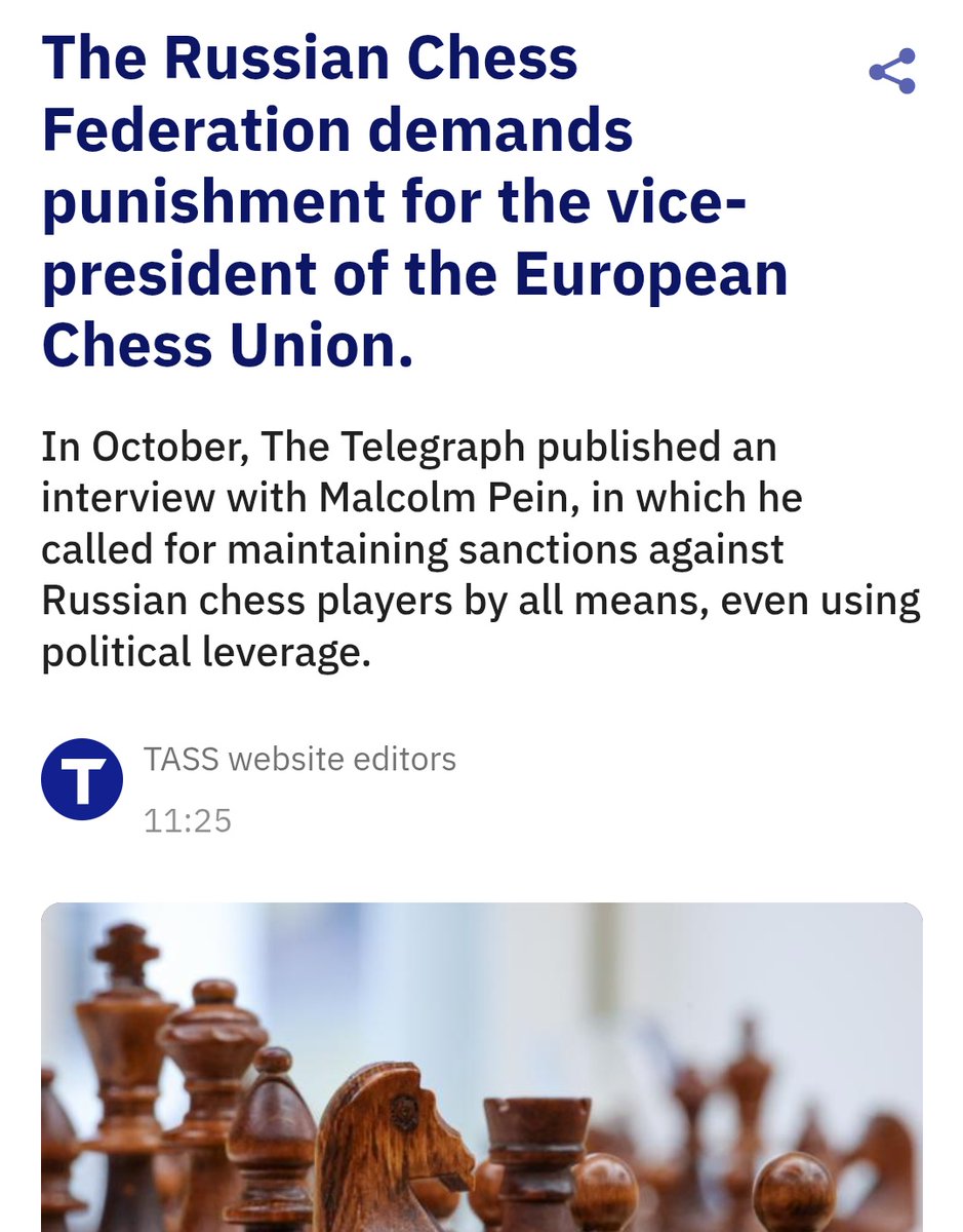 PHChess's tweet image. The Russian 🇷🇺 chess Federation will file a complaint against Malcolm Pein @TelegraphChess to the FIDE Ethics Committee writes Russian state media Tass.

Congratulations Malcolm! 

tass.ru/sport/25655519