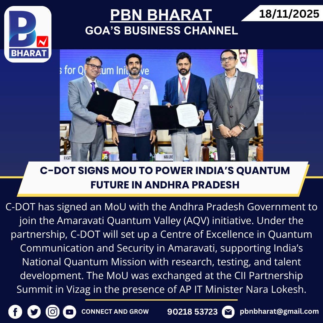 PBNBHARAT's tweet image. C-DOT Signs MoU to Power India’s Quantum Future in Andhra Pradesh
#CDOT #AmaravatiQuantumValley #QuantumTechnology #AndhraPradesh #NQM #QuantumSecurity #Innovation #IndiaTech #DigitalIndia #ResearchAndDevelopment