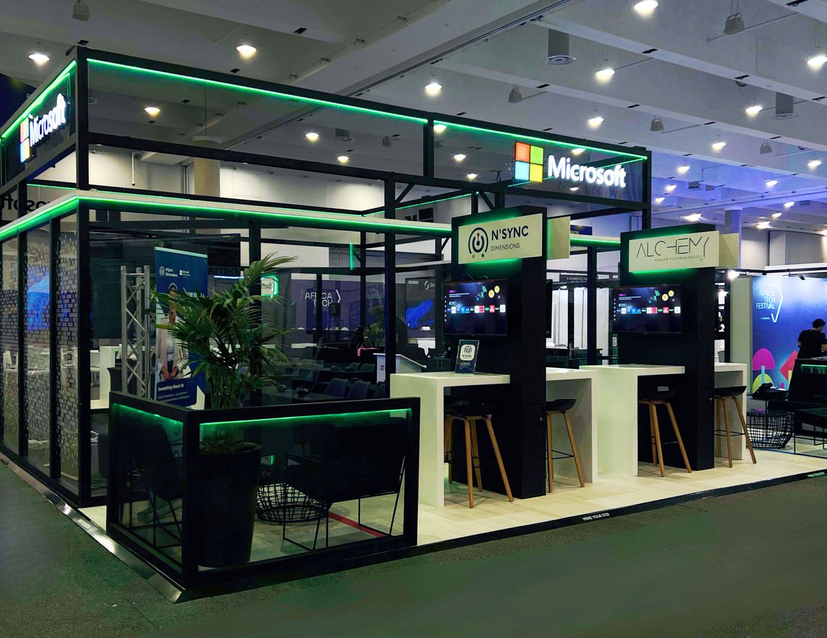 SSQDesign's tweet photo. What a team effort bringing the stand to life for @Microsoft  SA, the Principal Event Partner at @africatechfest - their bold, vibrant colours shone through every element of the design, while their silent training room buzzed with energy and was packed with excited attendees. https://t.co/nrO8xxqQSk
