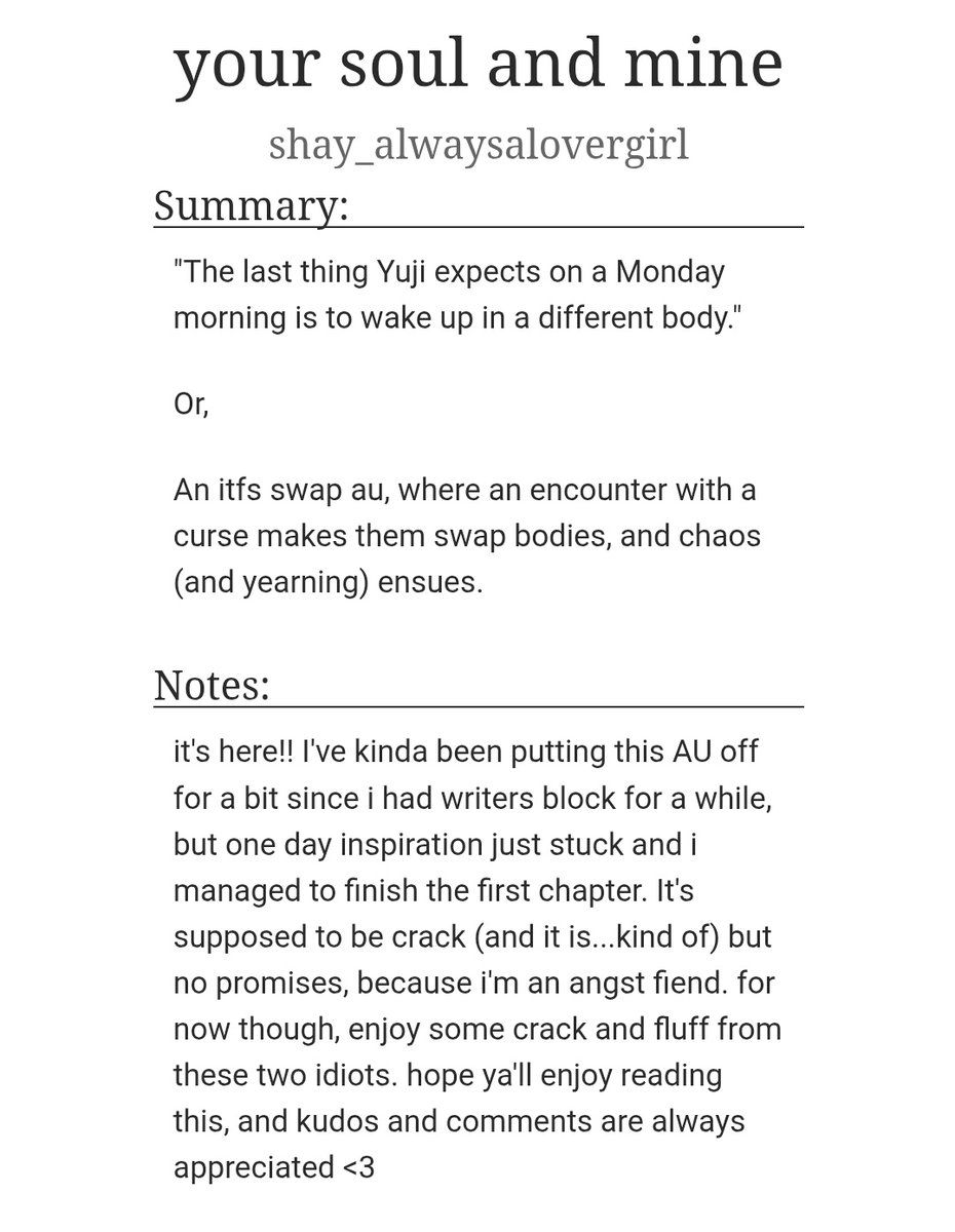 thatonegojofan_'s tweet photo. itfs swap au, where a curse mishap makes them swap bodies!! chp 1 is currently at 2.3k words, gonna be around 6 or 7 chapters long, ft yearners megumi and yuji, crack, and maybe some angst. enjoy!!
https://t.co/WJiGIHOfwd
#itfs https://t.co/SMCczGuCKW