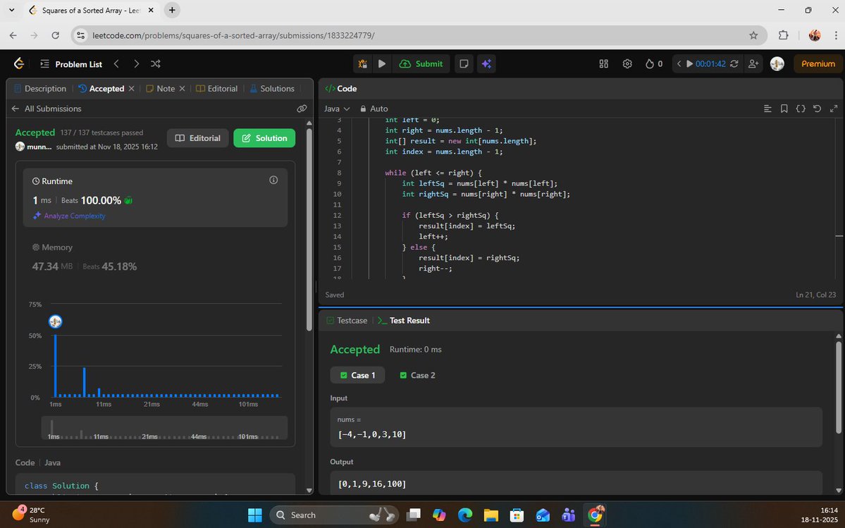 the_departed__'s tweet image. 🚀 LeetCode Journey — Week 1 Day 2
🔹 Pattern: Two Pointers
Solved:
1️⃣ LC 167 – Two Sum II
2️⃣ LC 977 – Sorted Squares

Two pointers turning O(n²) → O(n).
Learning the pattern deeply, one day at a time 🔥
#LeetCode #DSA #TwoPointers #100DaysOfCode