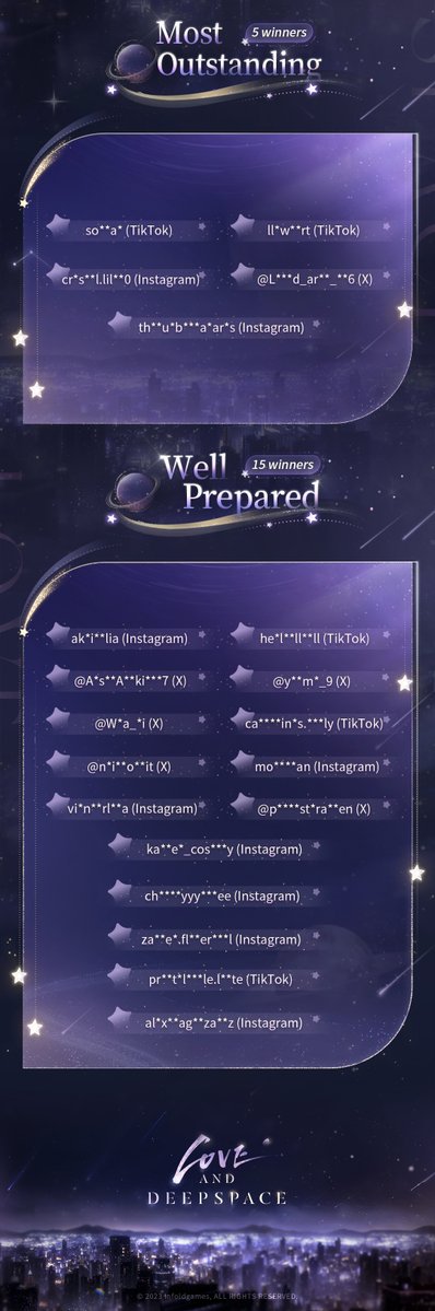 Dear Deepspace Hunters,

Thank you all for your amazing submissions to [Between Stars] Xavier's Birthday Fan Art Contest.

Below is the list of winners. We will contact the winners through the email addresses you provided in the submission forms with our official email. Please