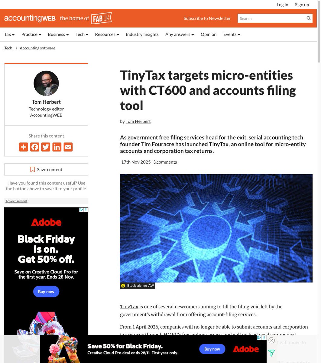 tinytaxuk's tweet photo. Thanks to @AccountingWEBuk for featuring TinyTax.
Micro-entities will soon need software to file accounts and CT600s as free government filing ends from April 2026.

We’re building the simplest way to do it.

https://t.co/j5Dg4O92Kd https://t.co/KzpnyjRoM1