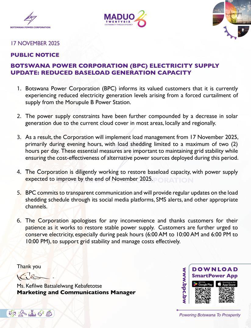 BPC EXPERIENCING REDUCED POWER GENERATION CAPACITY