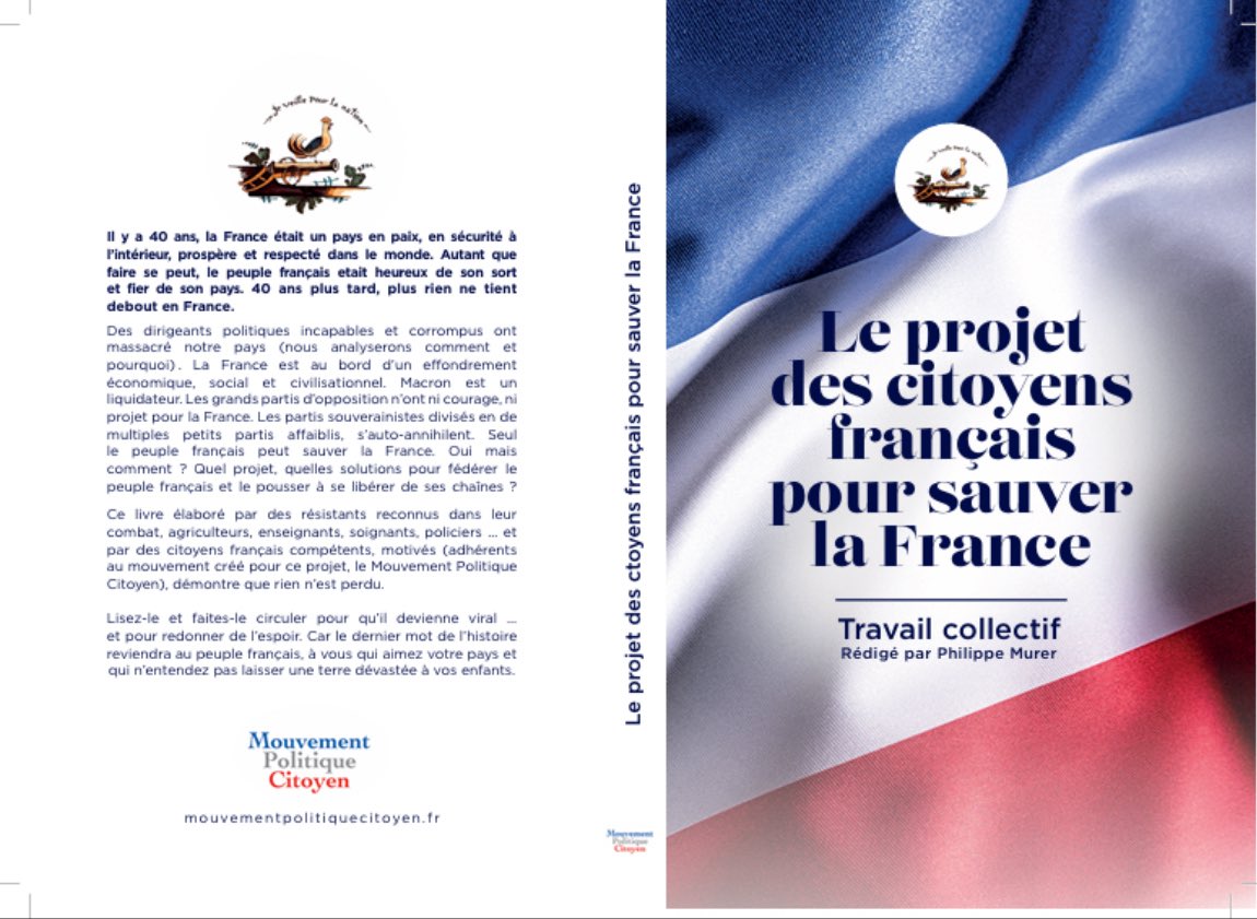PhilippeMurer's tweet image. Un grand moment !
Le livre « Le projet des citoyens 🇫🇷 pour sauver la France », réalisé avec des agriculteurs, enseignants, policiers etc. sort aujourd’hui !
Vous pouvez le  commander ici mouvementpolitiquecitoyen.fr/leprojetdescit… .
✅ Toutes les solutions pour régler les crises polymorphes qui…