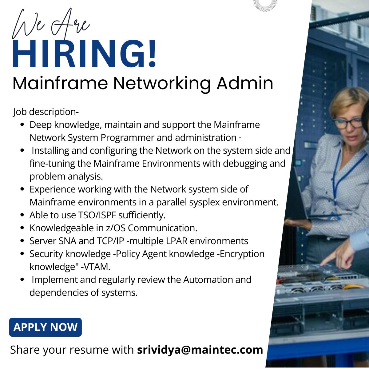 Maintec_Tech's tweet image. We are hiring!

Mainframe Networking Admin
Location- #dallas

If interested, share your resume with srividya@maintec.com

#jobsearch #jobs #JobOpportunity #jobopportunities #hiring #hiringnow #jobalert #hiringalert #Mainframejobs #zos #admin #networkingadmin #Maintec #jobseekers