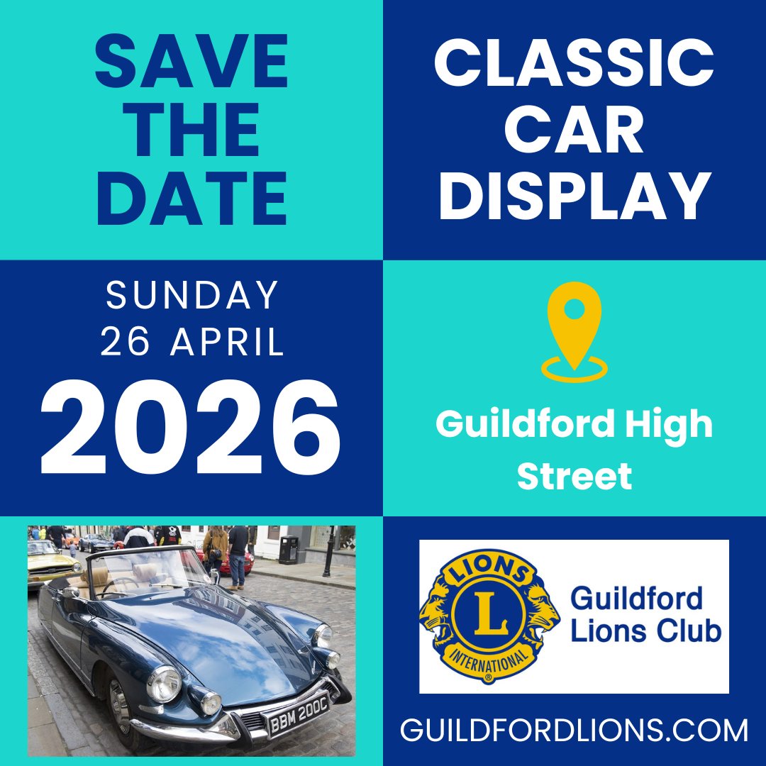 Save The Date! 
The 3rd Guildford Lions Classic Car Display will be on Sun 26 April 2026. We know how much both classic car owners and visitors enjoy the event, so we’re excited to bring it back!
Join our mailing list for updates - email guildfordlionsclassiccars@gmail.com