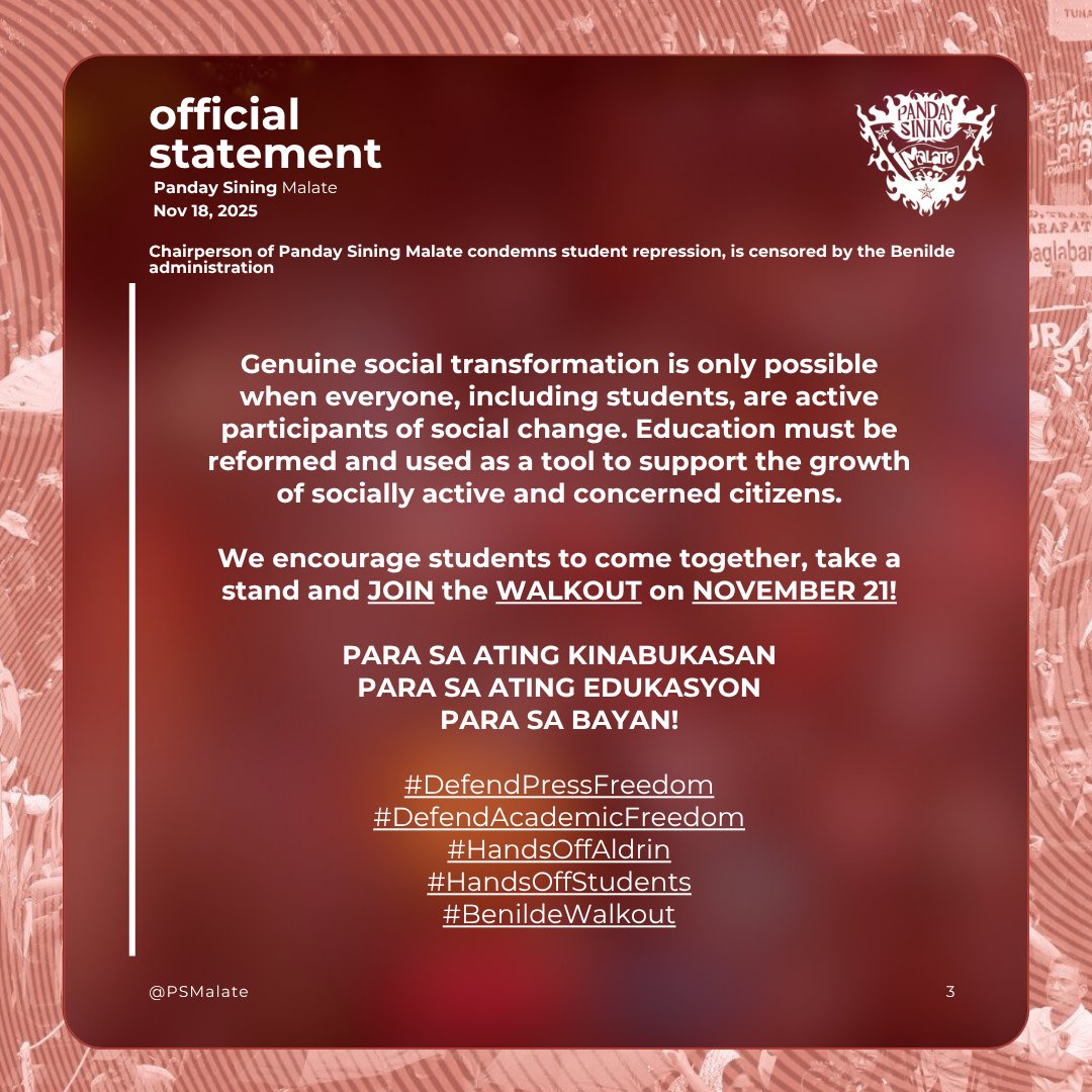 PSMalate's tweet photo. ALERT: Chairperson of Panday Sining Malate Chronic Rodriguez condemns student repression, is censored by the Benilde administration
#DefendPressFreedom
#DefendAcademicFreedom
#handsoffaldrin
#handsoffstudents
#BenildeWalkout https://t.co/6EDOiusp1k