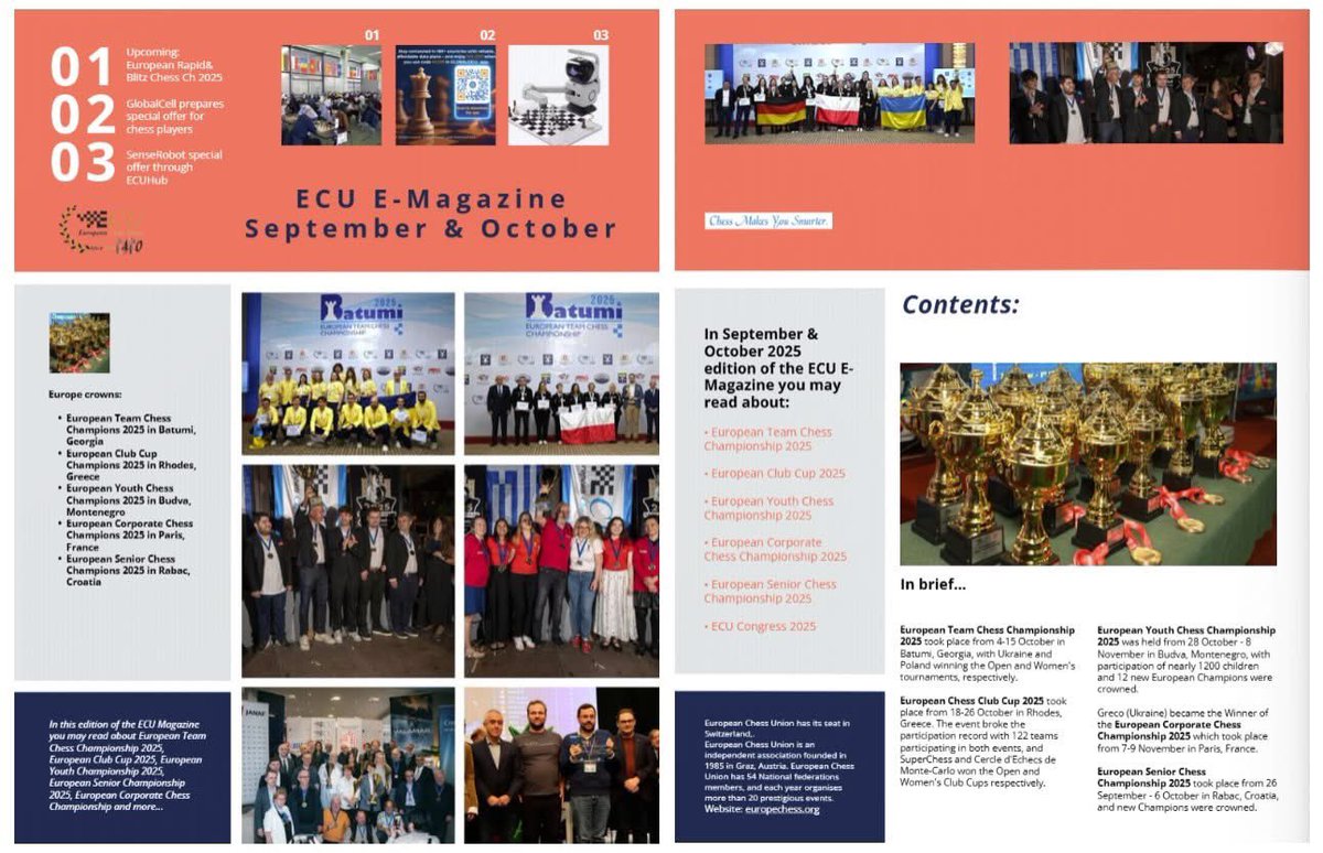 ECUonline's tweet image. The combined September and October 2025 issue of the ECU E-Magazine out! 🗞

The Magazine can be read online together with interactive links and videos: madmagz.app/viewer/68f135c… or it can be downloaded from the ECU Website: europechess.org/ecu-e-magazine…