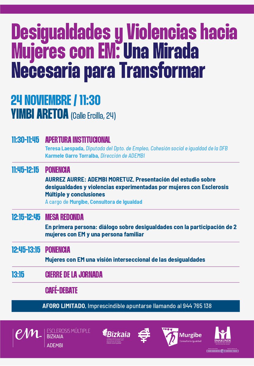 El 24 de noviembre participamos como ponentes en la jornada de ADEMBI sobre desigualdades y violencias hacia mujeres con Esclerosis Múltiple. 

Desde Murgibe presentaremos el estudio AURREZ AURRE: ADEMBI MORETUZ y sus principales conclusiones.

📍 Yimbi Aretoa 
⏰ 11:30