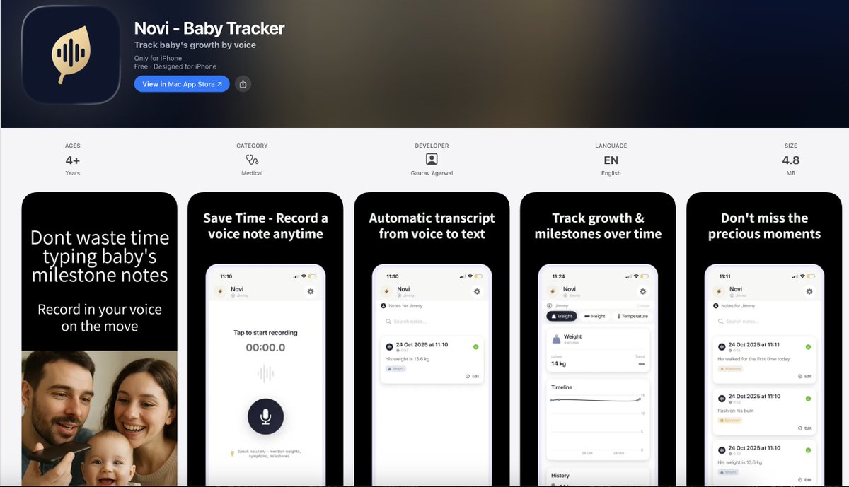 Inching closer to first 100 users on the iOS App i launched a week ago. My first ever iOS App and it has been a huge learning curve. :)
Try it out, if you want to track your baby's growth milestones (using voice notes) - apps.apple.com/nl/app/novi-ba…
