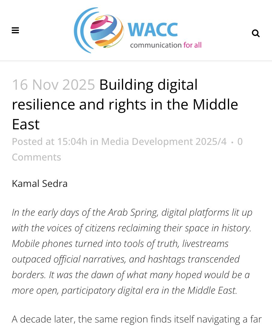 KmSedra's tweet photo. My article for @waccglobal’s Media Development journal is now published. It explores digital rights, AI, surveillance, and civil society resilience in the Middle East.
Read it here: https://t.co/e2cJcE7yl5

#DigitalRights #MENA #Cybersecurity #AI #MediaFreedom #eduCYBER https://t.co/cFaXk06dx2