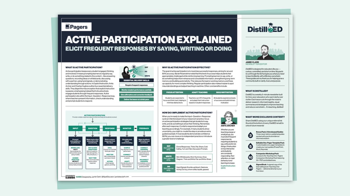 XpatEducator's tweet photo. ☝️ACTIVE PARTICIPATION is about eliciting responses from every student in real time by getting them to say, write or do something that reveals their thinking. This popular ⚗️DistillED post breaks down what it looks like in practice — featuring insights from explicit-instruction expert Dr Anita Archer.

https://t.co/POVoXQfSRG