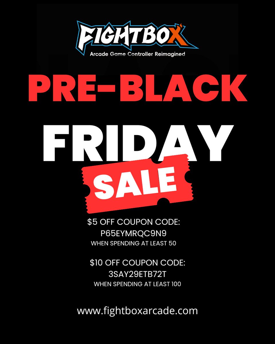 Big Sale👇👇👇
Use these exclusive coupon codes:
• $5 off $50 → P65EYMRQC9N9
• $10 off $100 → 3SAY29ETB72T
Perfect time to grab fightsticks, arcade parts, or upgrade your retro gaming gear.
Don’t miss out — deals end soon!
#FightboxArcade  #Fightstick #BlackFriday #joystick