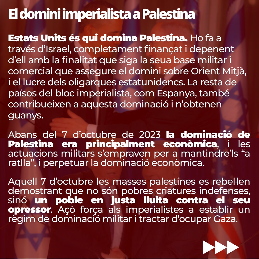 TomaDelPoder_'s tweet photo. El moviment per Palestina assenyala correctament que l'acord és una farsa, un pla insuficient que Israel no complirà. És just exigir canvis, o mecanismes per vigilar el seu compliment, però ho hem de tindre clar: el pla de existeix per mantindre la dominació colonial a Palestina https://t.co/NRHo4YYgjC