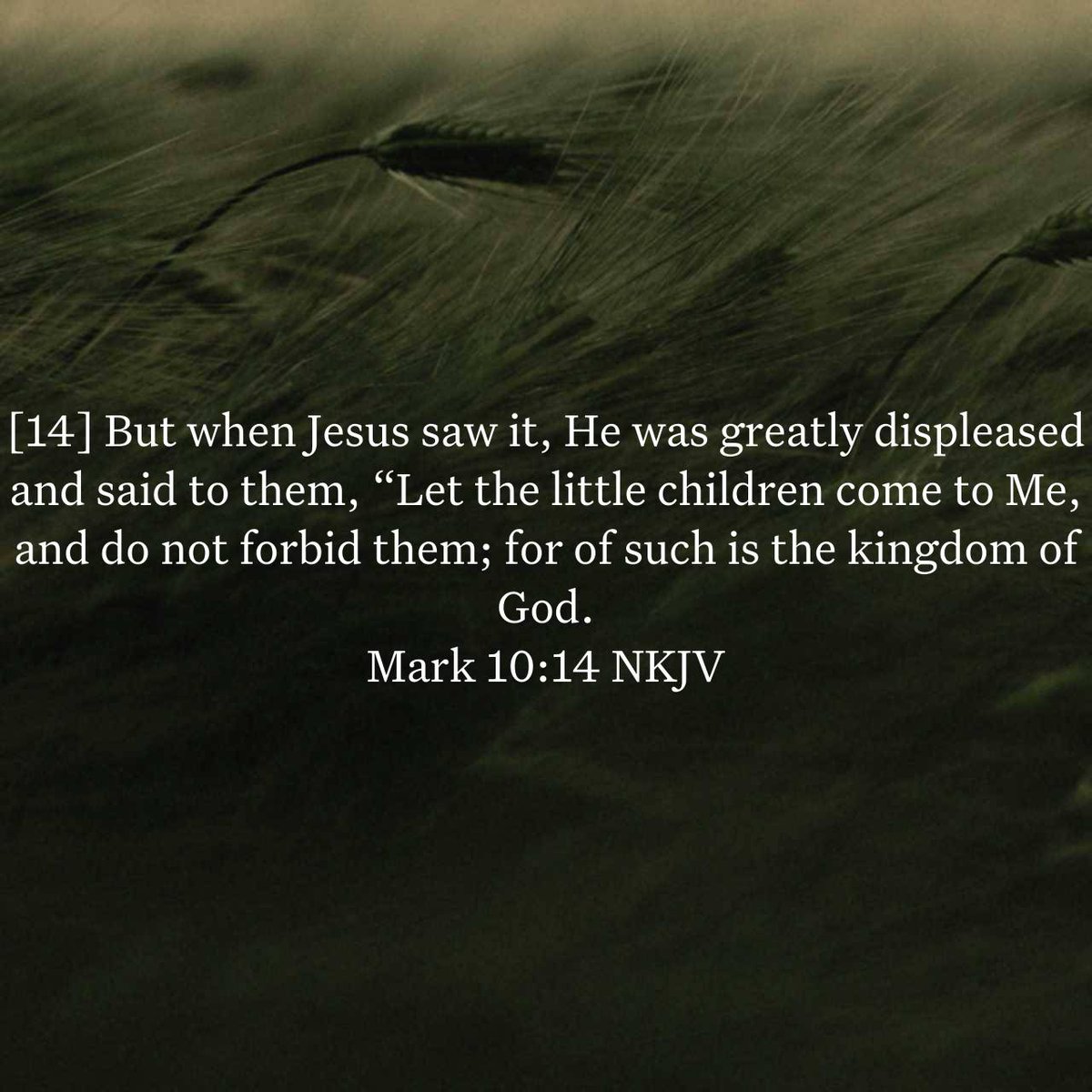 Mark 10:14 NKJV
[14] But when Jesus saw it, He was greatly displeased and said to them, “Let the little children come to Me, and do not forbid them; for of such is the kingdom of God.