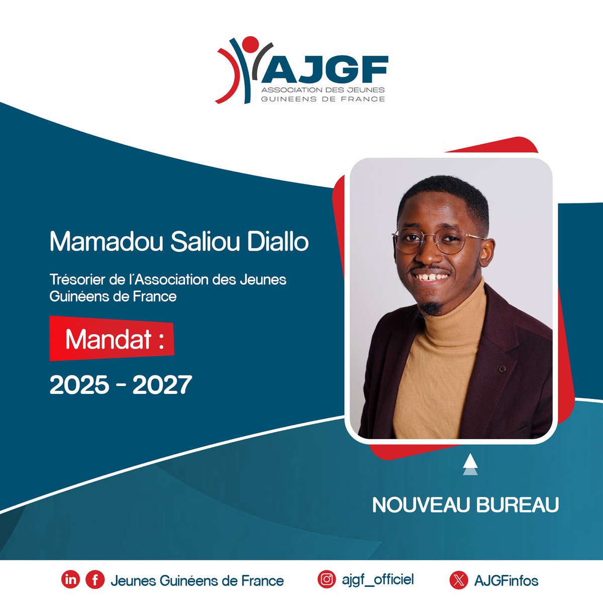 5️⃣ 𝐓𝐫é𝐬𝐨𝐫𝐢𝐞𝐫 ! 

L’Association des Jeunes Guinéens de France a le plaisir de vous présenter son nouveau trésorier, 𝐌𝐚𝐦𝐚𝐝𝐨𝐮 𝐒𝐚𝐥𝐢𝐨𝐮 𝐃𝐢𝐚𝐥𝐥𝐨, élu lors de l’Assemblée générale élective du 08 Novembre 2025 à Paris.