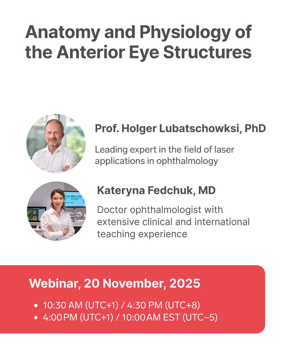 📆 Have you registered for our webinar yet?

Join Prof. Holger Lubatschowski &amp; Kateryna Fedchuk for an engaging session on the Anatomy and Physiology of the Anterior Eye Structures.

📅 Date: Thursday, November 20, 2025
🔗 Register now: eu1.hubs.ly/H0pH7Jc0