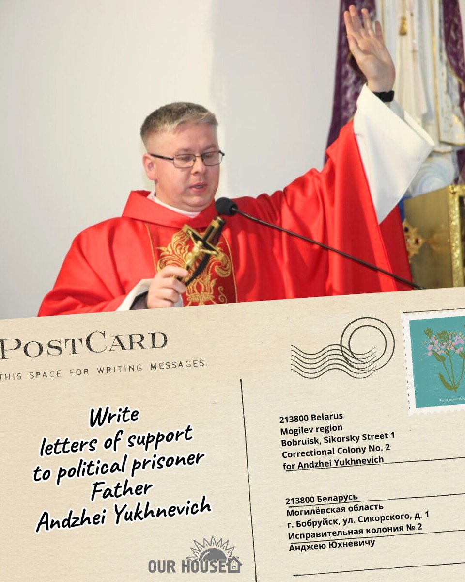 13 years for faith and truth.

Catholic priest Fr. Andzhei Yukhnevich (OMI) was arrested in 2024 and sentenced to 13 years in prison after closed trials.
He is behind bars for his faith and solidarity.

💌 Write to him:
📮 213800 Belarus, Bobruisk, Sikorsky 1, Colony No. 2

Every