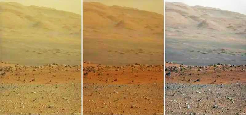 AtmanRanjit's tweet image. 3 versions of the same view on the surface of #Mars from NASA’s Curiosity rover.
Left: unprocessed
Middle: adjusted to how human eyes would see it.
Right: how it would look under Earth-like lighting conditions (Note how the colour of the sky has changed) . Credit: NASA/JPL