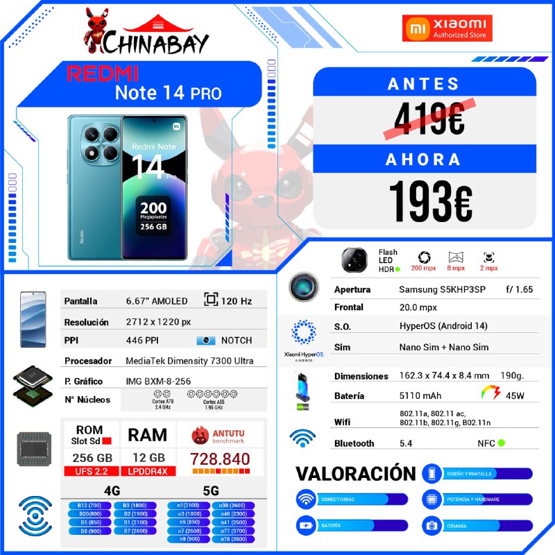 ChinaBay_deals's tweet image. 🟢¡¡ OPORTUNIDAD !!

🧡Redmi Note 14 Pro 5G  
💶 Precio: 193.99€  
📝 Cod. Promo: ESAE20  
🌐 Comprar aquí: chinabay.pro/3XEpbeA  

🕳RAM:  12 GB | ROM: 256 GB  
♨️ GLOBAL Version  

#RedmiNote14 #Smartphones #5G #Ofertas #Tecnología