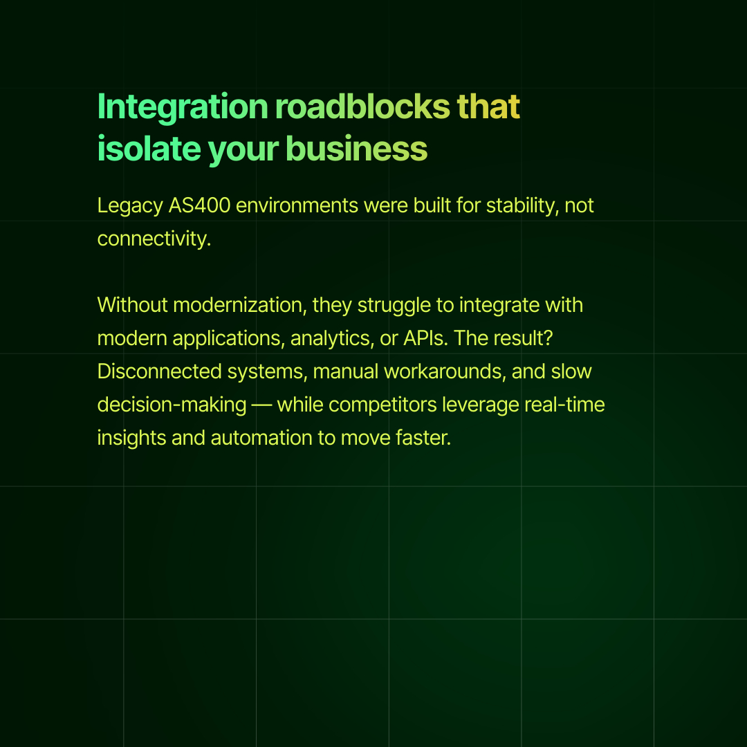 nalashaa's tweet image. Legacy stability once meant reliability. Now, it often means fragility.
Every year that passes without modernization adds risk — from talent loss and integration barriers to security exposure.

Learn More: nalashaa.com/as400/as400-mo…

#ALAPNC #AS400Modernization