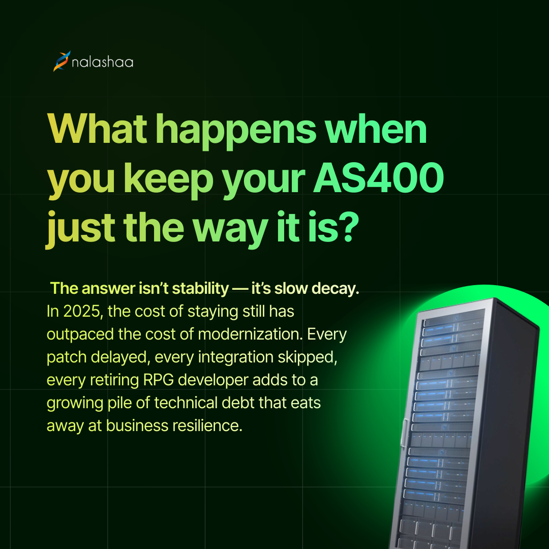 nalashaa's tweet image. Legacy stability once meant reliability. Now, it often means fragility.
Every year that passes without modernization adds risk — from talent loss and integration barriers to security exposure.

Learn More: nalashaa.com/as400/as400-mo…

#ALAPNC #AS400Modernization