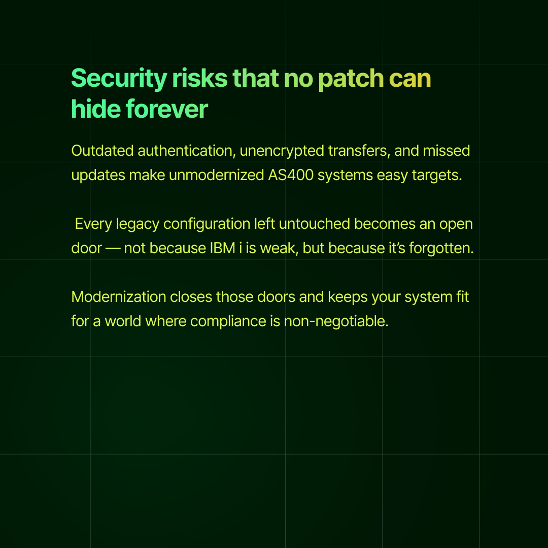 nalashaa's tweet image. Legacy stability once meant reliability. Now, it often means fragility.
Every year that passes without modernization adds risk — from talent loss and integration barriers to security exposure.

Learn More: nalashaa.com/as400/as400-mo…

#ALAPNC #AS400Modernization