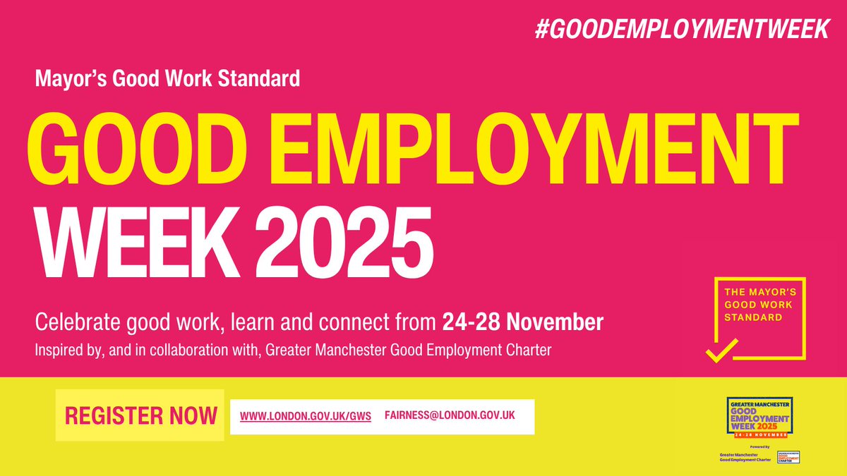 LivingWageUK's tweet photo. 🌟 Good Employment Week 2025 is coming to London! 🌟

From 24–28 Nov, join the Mayor’s Good Work Standard community to celebrate fair,
inclusive workplaces &amp; those leading the way.

Register for free events 👉 https://t.co/qUQaZupfpG

#GoodEmploymentWeek #GoodWorkStandard https://t.co/4I1rrwIKlk