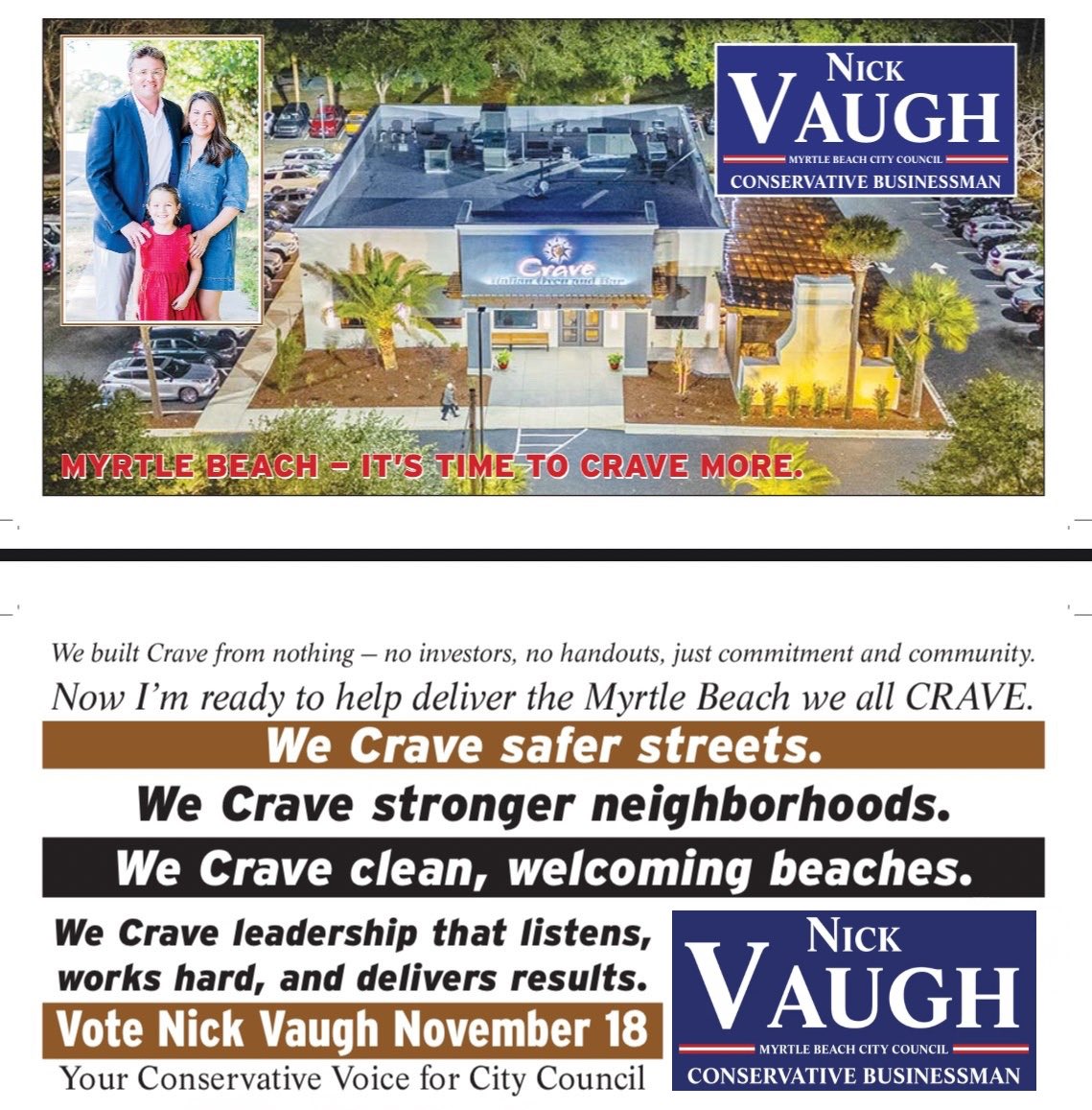 NickVaugh's tweet photo. Myrtle Beach - this is our moment! 🇺🇸

Polls open TODAY, Tuesday, November 18th, 7AM to 7PM. 

VOTE ONLY NICK VAUGH - let’s bring back the fun and write our comeback story! 💪🏽🇺🇸 https://t.co/kF3AgMYqJ0
