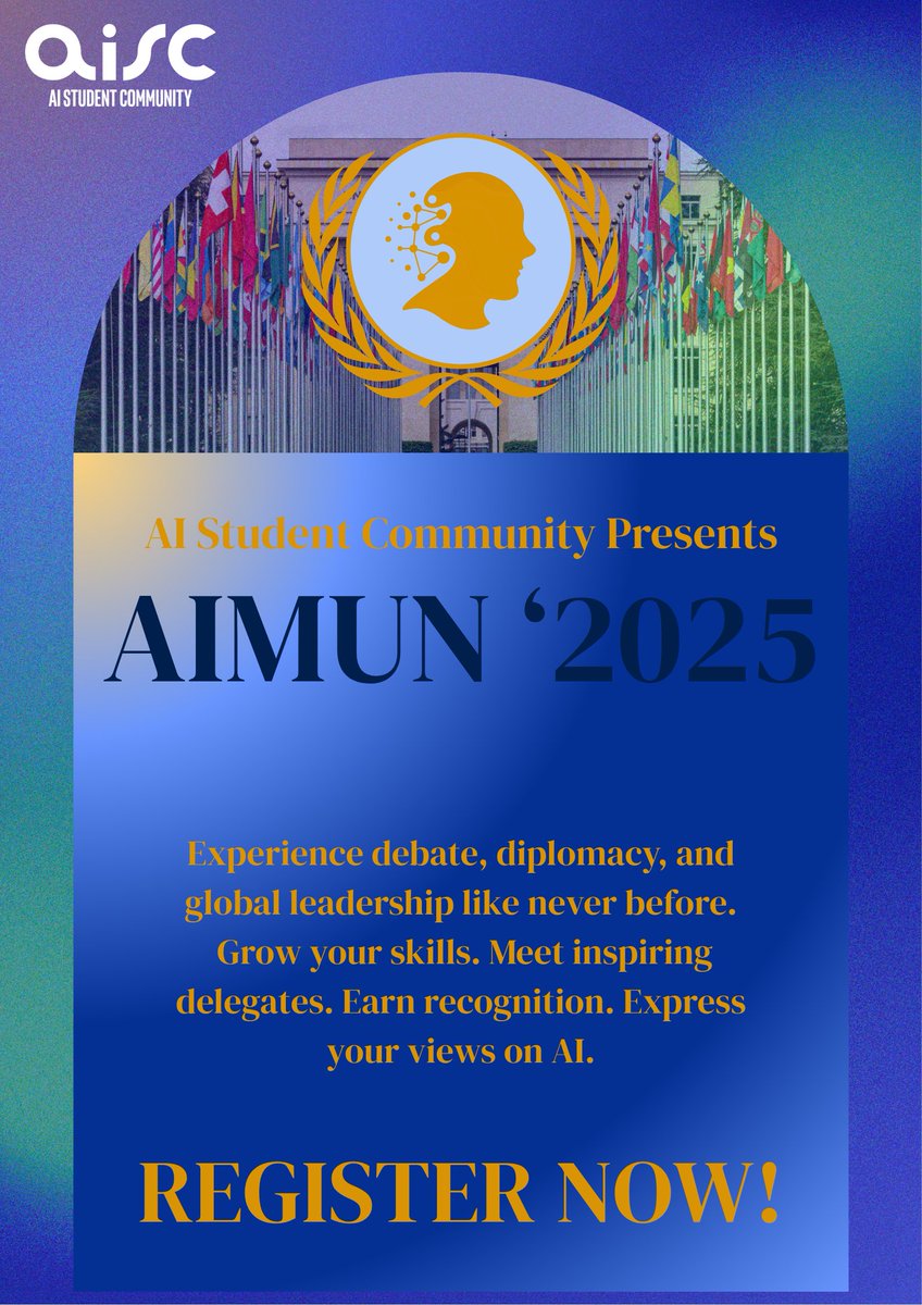 aisc_cbse's tweet photo. Get ready to be a part of something absolutely awesome.

We're excited to announce that delegate applications are now open for the AIMUN. 

Apply now: https://t.co/csH9hfF0Br

#AIMUN #ModelUN #ModelUnitedNations #MUNLife #MUNConference #AI #AISC #UnitedNations #GlobalIssues https://t.co/pX5BkgTnGA