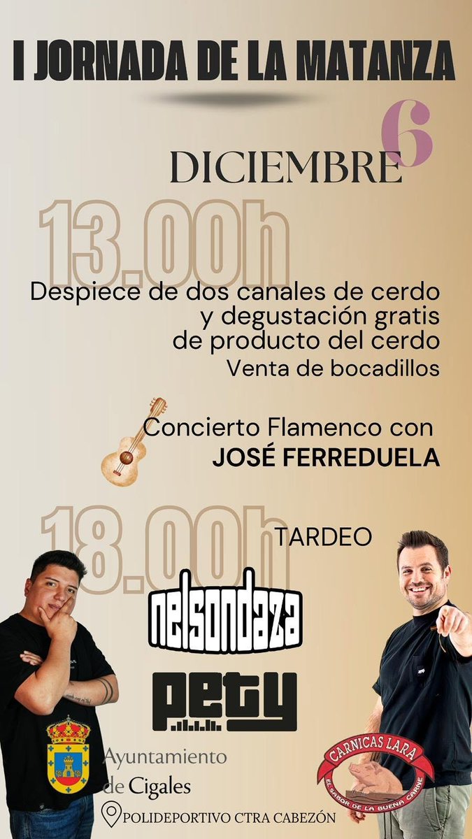I JORNADA DE LA MATANZA DE CIGALES 

El próximo 6 de Diciembre a las 13:00h, despiece de dos canales de cerdo y degustación gratuita de productos del cerdo en el polideportivo de la Carretera Canezon.