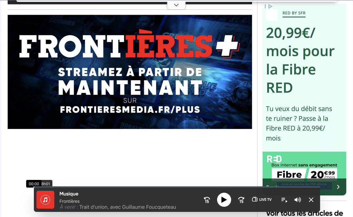 Bonjour <a href="/REDbySFR/">RED by SFR</a> <a href="/SFR/">SFR</a>

Vos publicités apparaissent sur le site d'extrême droite #frontièremédia.fr est-ce une erreur ?

J'aimerai donc savoir si les valeurs portées par votre entreprise sont en accord avec celle de ce média et si ce n'est pas le cas, allez vous