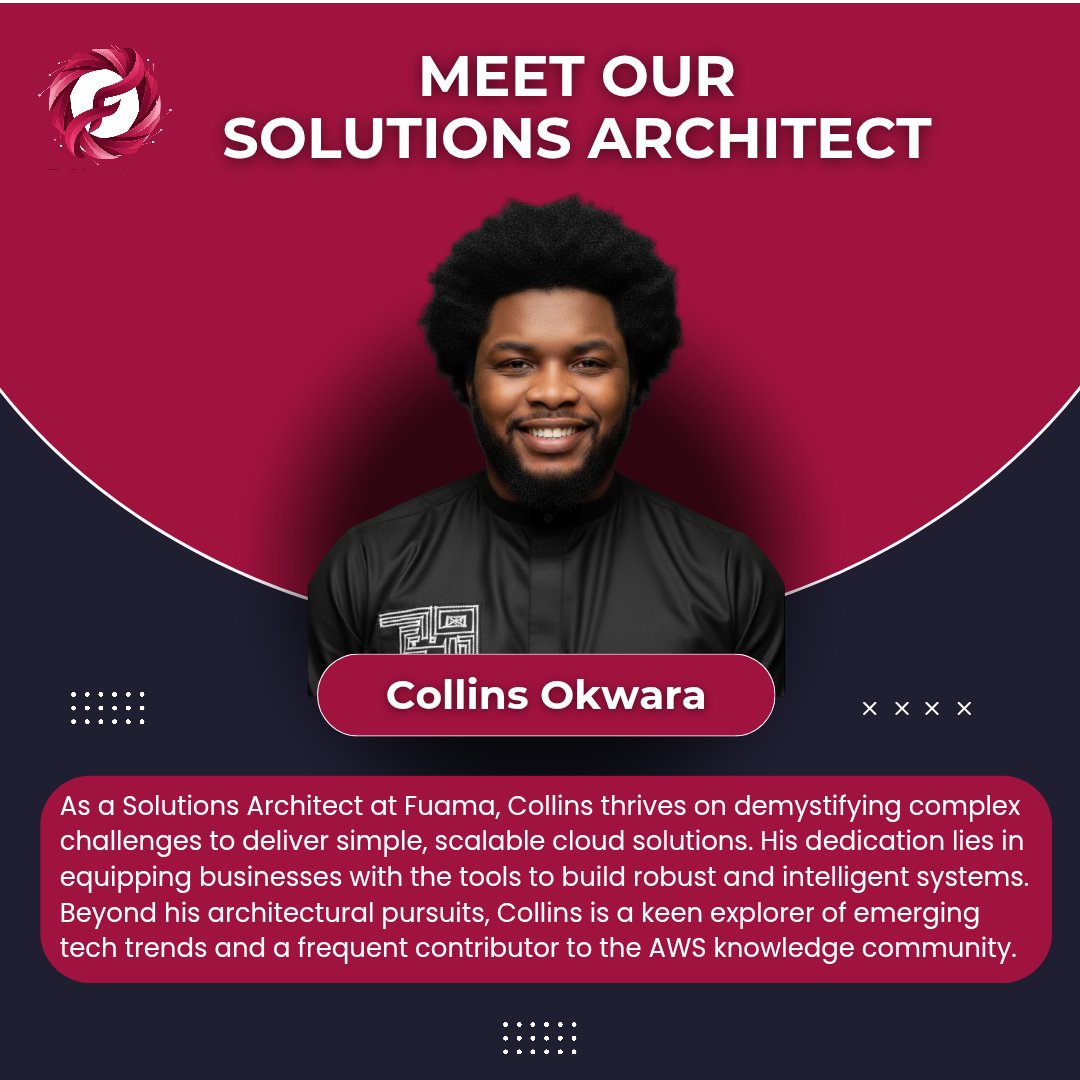 FuamaTech's tweet image. Meet our Solutions Architect. Collins is  passionate about transforming complex ideas into simple, scalable cloud solutions that help teams deliver faster and smarter. A true explorer of tech trends and an AWS advocate!

 #AWS #CloudArchitecture #Innovation #fuama