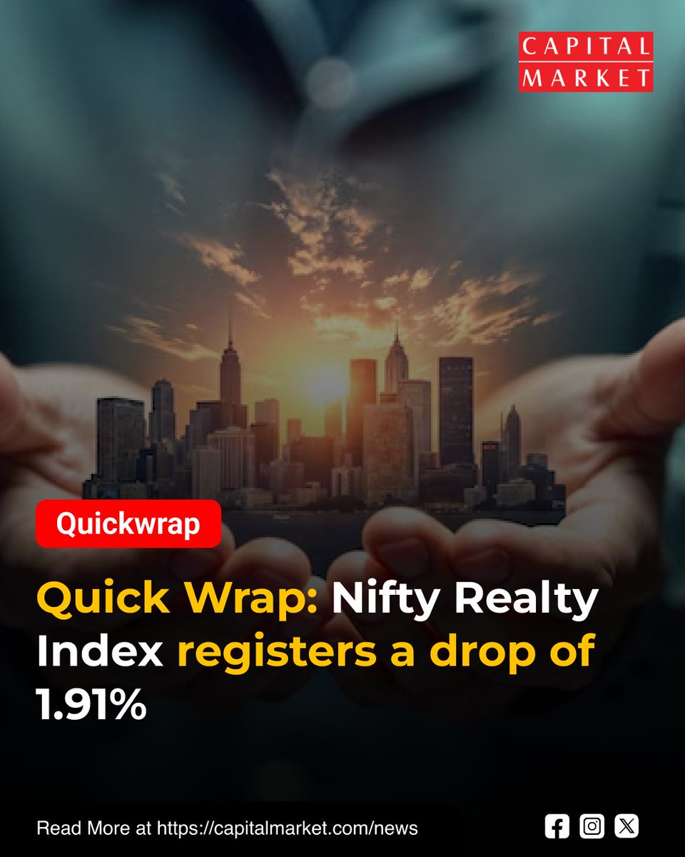 CapitalMarket17's tweet photo. Realty Reality Check: Nifty Index Plunges 1.91%
Like | Share | Follow | Comment For Daily Updates.
https://t.co/zrUcaMMbAN
#NiftyRealty #StockMarketCrash #RealEstateStocks #MarketDrop #IndexPlunge #SobhaLtd #DLFLtd #LodhaDevelopers #RealtySector #IndianStockMarket #MarketCorrection #1Point91Percent #QuickWrap #BearishTrend #InvestmentNews #FinancialMarkets