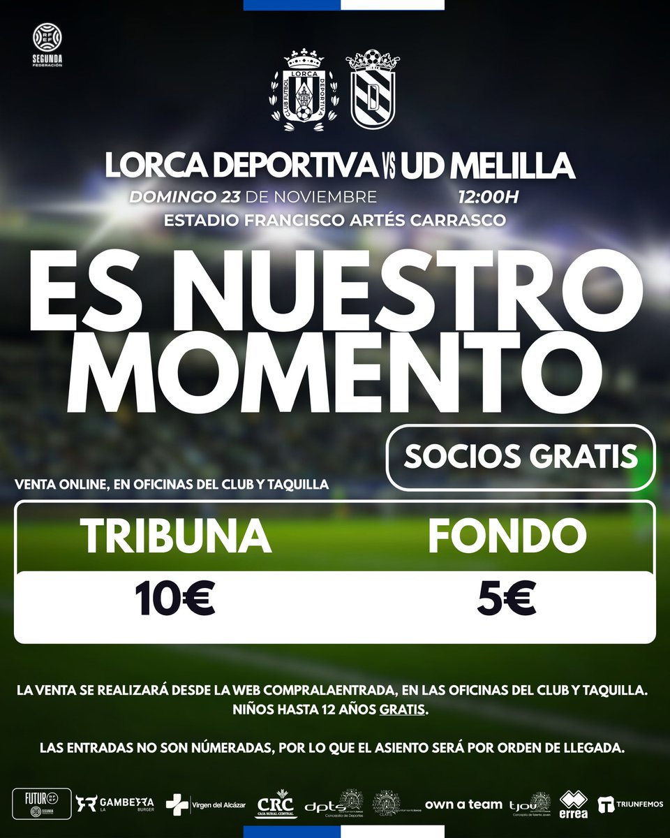 🫵🏻 𝙀𝙎 𝙉𝙐𝙀𝙎𝙏𝙍𝙊 𝙈𝙊𝙈𝙀𝙉𝙏𝙊

𝙎𝙊𝘾𝙄𝙊𝙎 ➡️ 𝗚𝗥𝗔𝗧𝗜𝗦

𝙏𝙍𝙄𝘽𝙐𝙉𝘼 ➡️ 𝟭𝟬€

𝙁𝙊𝙉𝘿𝙊 ➡️ 𝟱€

#TodosAlArtes 

🏆 𝟮𝗥𝗙𝗘𝗙 | 𝗚.𝗜𝗩 | 𝗝𝗼𝗿𝗻𝗮𝗱𝗮 𝟭𝟮
🆚 <a href="/UDMelilla/">Unión Deportiva Melilla</a> 
🗓️ 𝗗𝗼𝗺𝗶𝗻𝗴𝗼 𝟮𝟯 𝗱𝗲 𝗻𝗼𝘃𝗶𝗲𝗺𝗯𝗿𝗲
⌚️ 𝟭𝟮:𝟬𝟬𝗛
🏟️ 𝗙𝗿𝗮𝗻𝗰𝗶𝘀𝗰𝗼