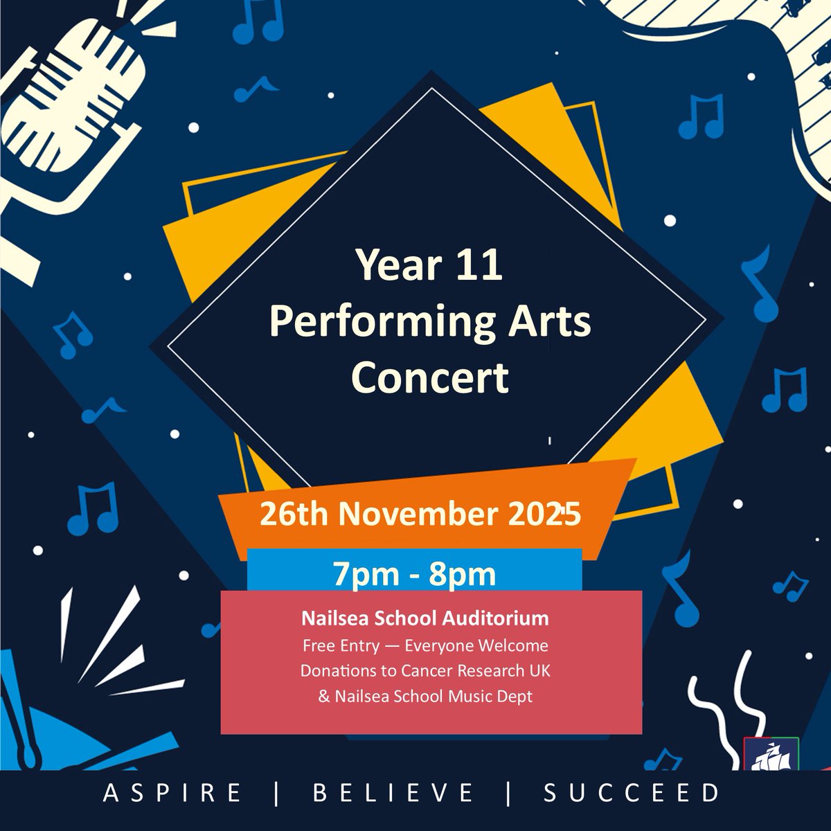 🎼 Performing Arts Concert
😀EVERYONE WELCOME
📅26.11.25
🕢7pm -8pm
📍Nailsea School Auditorium
🎟️Free Entry - donations welcome

Join us next week for our Performing Arts concert, where our fabulous GCSE students will be sharing their talent. No need to book - just turn up!