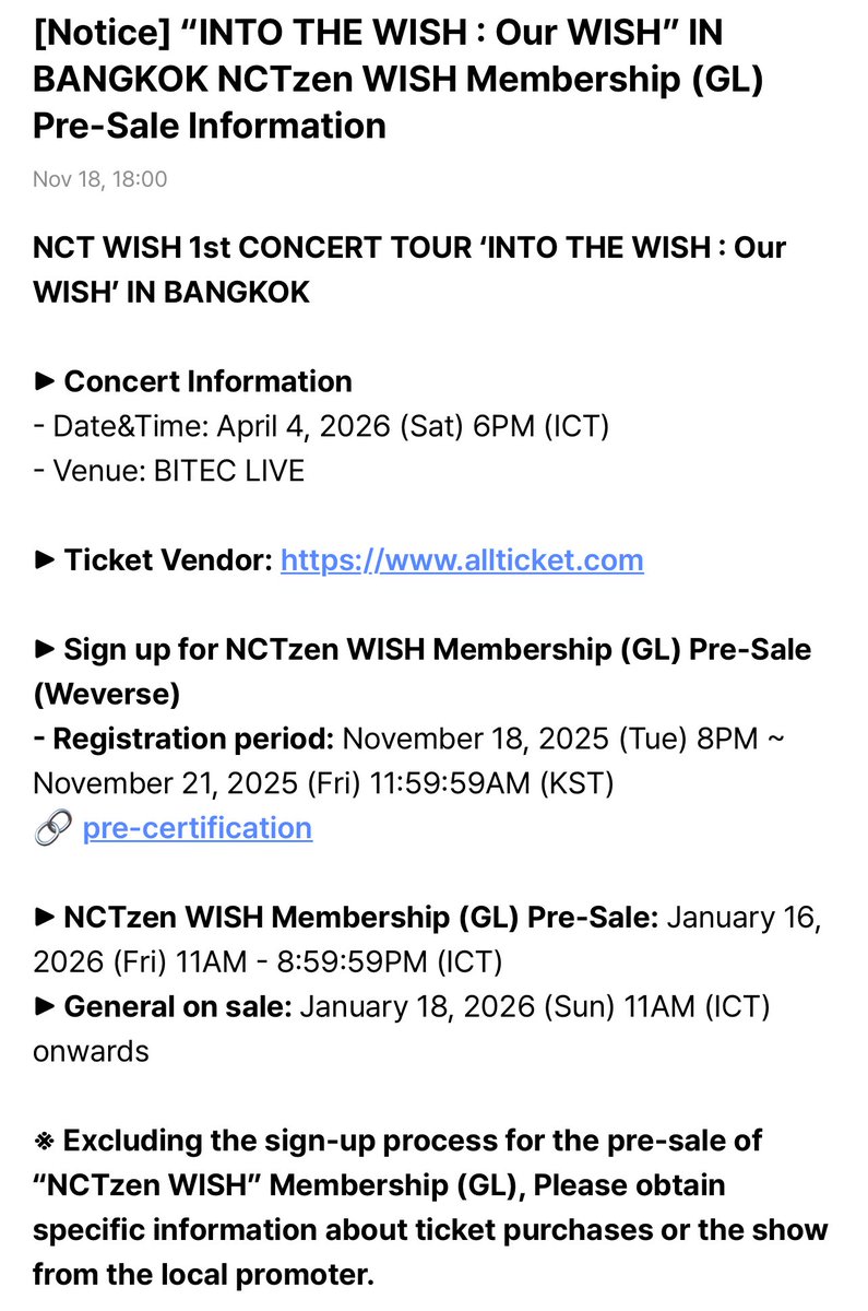 pacw09's tweet image. NCT WISH ประกาศวันกดบัตรแล้ว⭐️

รอบพรีเซลเมมชิพ
กด 16 มกราคม 2026
เวลา 11:00-20:59 (ICT)

รอบปกติกด 18 มกราคม 2026
เวลา 11:00 (ICT) เป็นต้นไป

ลงทะเบียนพรีเซล 18-21 พฤศจิกายน 2025

#OurWishComeTrueBKK
#NCTWISH_CONCERT_TOUR_IN_BKK
#ตลาดนัดnctwish