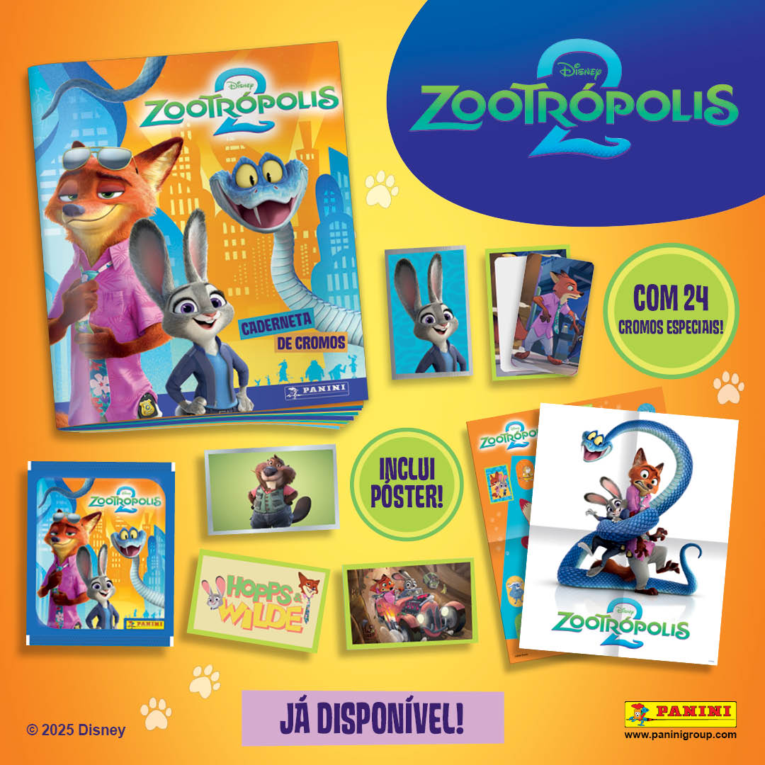 🌟 Bem-vindos a ZOOTROPOLIS 2!  A Judy e o Nick estão de volta numa nova e “misteriosa” aventura, cheia situações engraçadas e emocionantes!
Uma aventura para ser vivida ao longo dos 204 cromos, dos quais 24 especiais.
Procura o teu pack de lançamento e inicia já esta aventura!