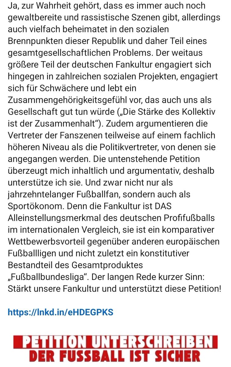 Habe auf LinkedIn einen längeren Beitrag zur aktuellen Diskussion rund um die Fankultur im deutschen Profifußball geschrieben. Beim #VfB sehen wir jedes Spiel, wie wichtig der kreative und leidenschaftliche Support ist. Daher werbe ich für diese Petition: 
openpetition.de/petition/onlin…