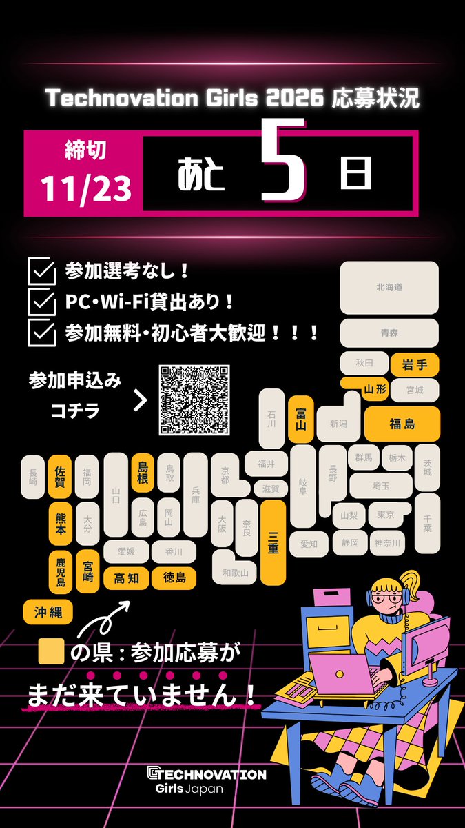 morikumii's tweet image. おかげさまで、青森、福井、岡山から応募が！

以下の地域のみなさん、ぜひファーストペンギン🐧として、飛び込んでみませんか？

🌌岩手🍒山形🍑福島
🦐富山🐮三重
🐫島根🌀徳島🏞高知
🌊佐賀🐻熊本🥭宮崎🍠鹿児島🍍沖縄

もちろん他の地域のみなさんも大歓迎です！
technovation.waffle-waffle.org