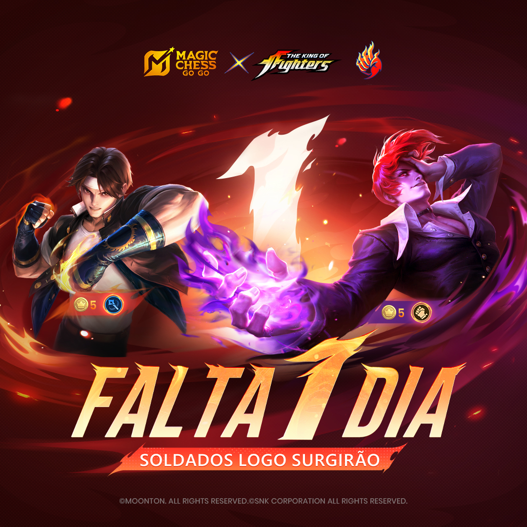 mcggbr's tweet image. Soldados Renascidos, a batalha renasce! Kyo Kusanagi e Iori Yagami em breve se reunirão com outros cinco Heróis KOF para formar uma Sinergia 
Falta 1 dia para o lançamento da 4ª Temporada: Soldados Renascidos! 
#MagicChessGoGo
#MCGG
#MCGGSeason4
#MCGGS4FighersReborn
#MCGG×KOF