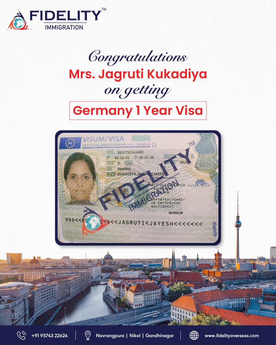 FidelityOverse3's tweet image. Big congratulations to Mrs. Jagruti Kukadiya on securing her Germany 1-Year Visa!📷
Your journey to new opportunities begins now — and we’re proud to be part of it.
Choose Fidelity Immigration for trusted guidance and successful results.

#VisaSuccess #GermanyVisa #StudyAbroad