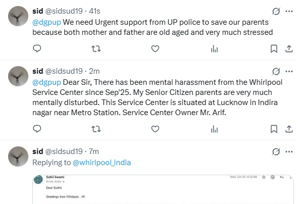 sidsud19's tweet photo. @whirlpool_india Just for your kind Information, I approached to UP Police for this case and posted a message to DGP UP and @112Uppolice, for which a Screenshot is attached. Assuring you without any failure on this Saturday , I will register a FIR against your Service Center. https://t.co/WcRcE8R0qB