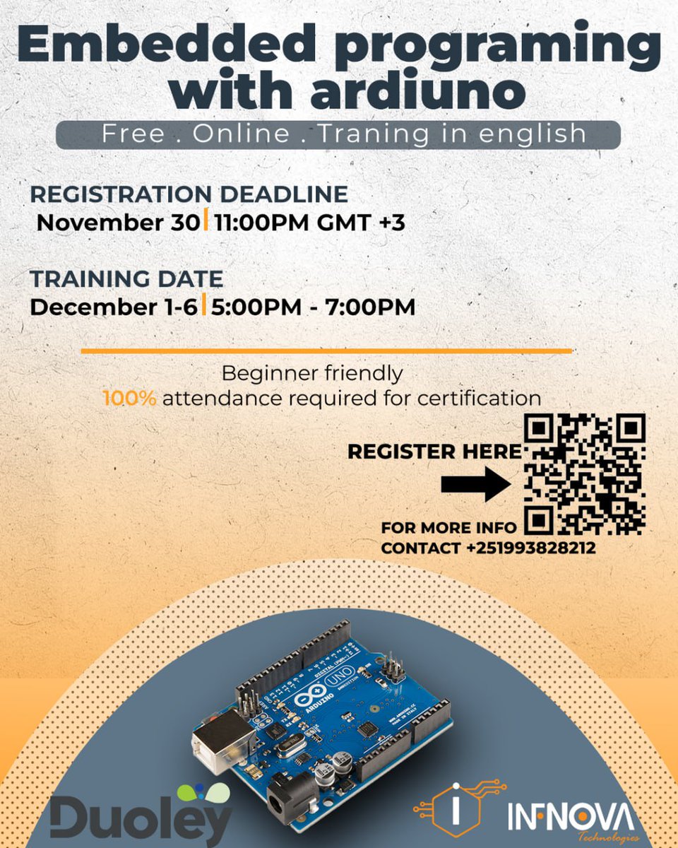 infnova_tech's tweet image. We are launching a FREE online English training on Embedded Systems with Arduino from Dec 1 to 6!

Apply here: forms.gle/VbtvhcKSizFB4Q…

#INFNOVA #FreeTraining #EmbeddedSystems #Arduino #TechEducation #InnovationStartsHere #EthiopiaTech #STEM