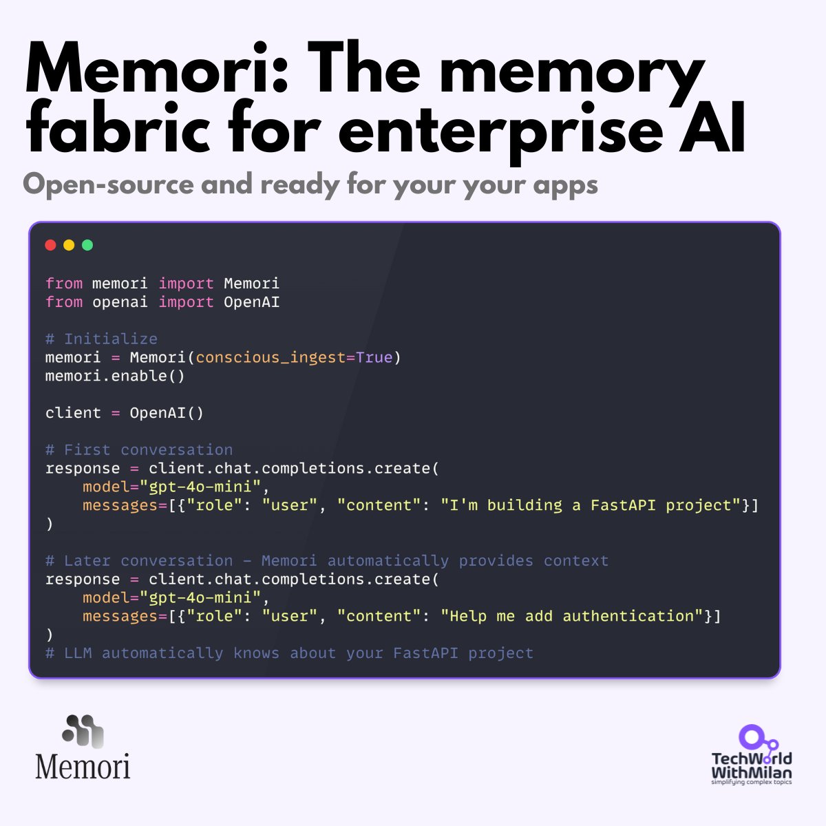 milan_milanovic's tweet image. Most AI agents have amnesia

And if they remember, they&apos;re locked to one vendor

Memori fixes that. It is open-source, SQL-native memory for any LLM

One line: `memori.enable()`

🔹 Works with GPT, Claude, Gemini, local models
🔹 Stores in PostgreSQL/MySQL/SQLite you own
🔹 Cuts…