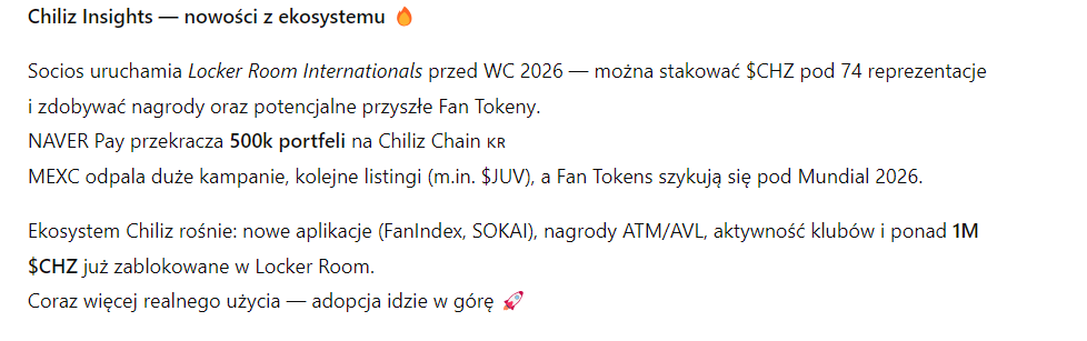 ChilizPoland's tweet image. Mamy już dostępny najnowszy przegląd wydarzeń z #Chiliz — jak zawsze sama śmietanka informacji zebrana przez @ChrisOtt 🔥
Zapraszamy do lektury, bo dzieje się naprawdę sporo! 

  #ChilizChain #Socios #FanTokens #Mexc